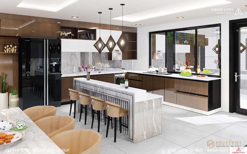 Quầy bar nằm giữa bếp.