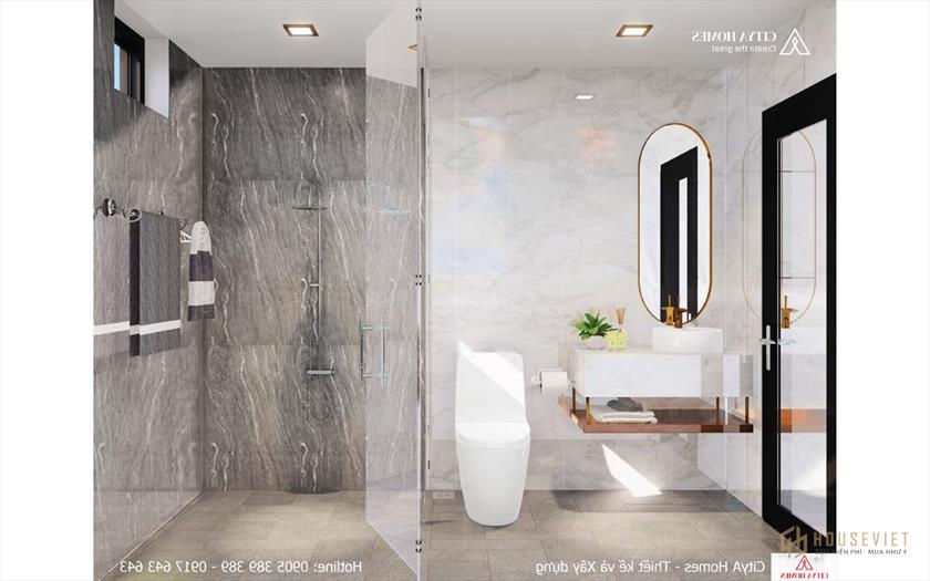 Phòng tắm được lát gạch hoàn toàn để tránh ẩm ướt