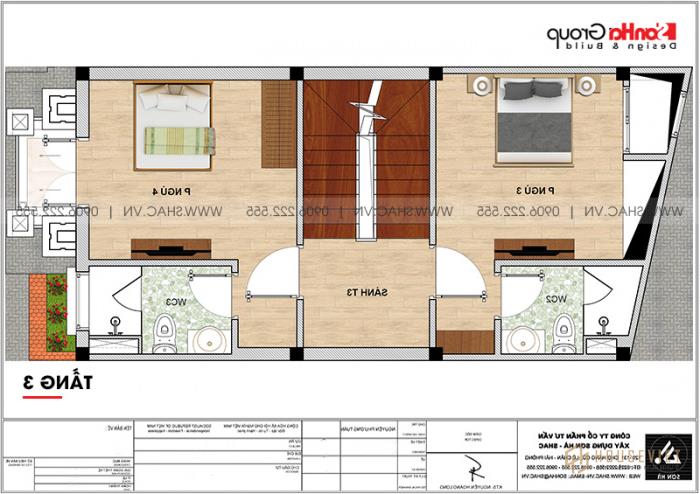 Mẫu nhà ống đẹp kiến trúc tân cổ điển 4 tầng mặt tiền 5m tại Hải Phòng - SH NOP 0202 22 Bản vẽ mặt bằng tầng 3 mẫu nhà tân cổ điển Pháp 5x10,5m tại Hải Phòng