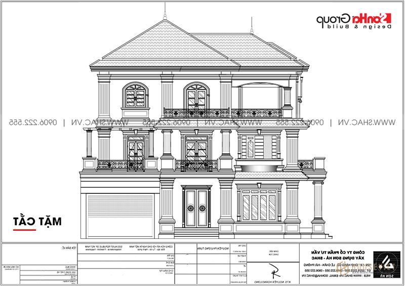 Bản vẽ mặt cắt biệt thự 3 tầng được bố trí khoa học. 