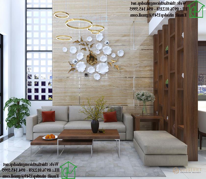 Họa tiết trên tường làm tăng tính thẩm mỹ cho phòng khách.