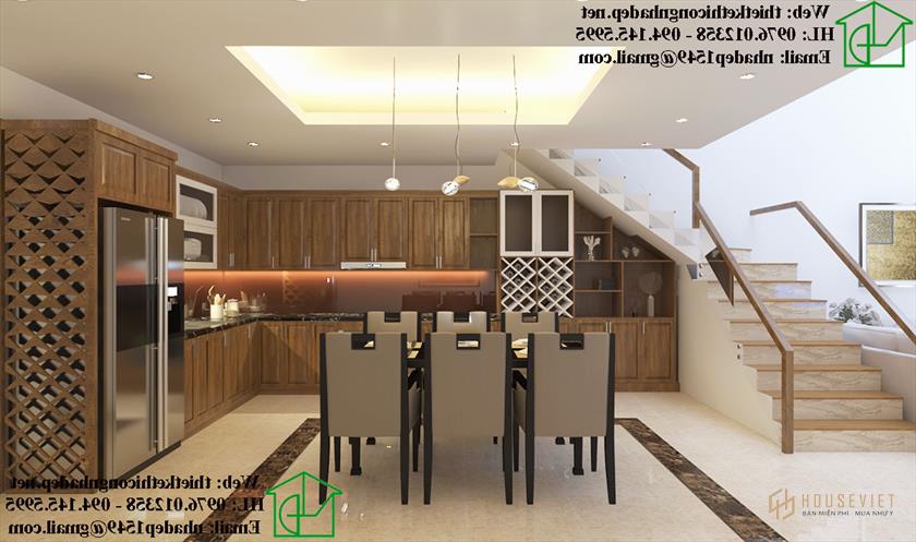 Thiết kế nội thất nhà cấp 4 gác lửng đẹp cho phòng bếp.