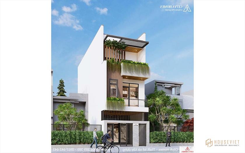 Mặt tiền mẫu nhà ống 2 tầng 1 tum phong cách hiện đại