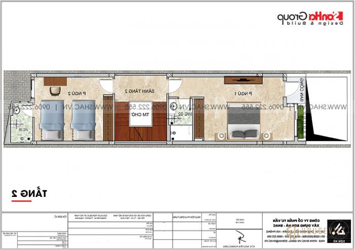 Mẫu nhà ống 4 tầng hiện đại 4,4m x 20,8m có gara ô tô tại Hải Phòng - SH NOD 0212 21 Bản vẽ mặt bằng công năng tầng 2 nhà ống hiện đại mặt tiền 4m4 dài 20,8m tại Hải Phòng