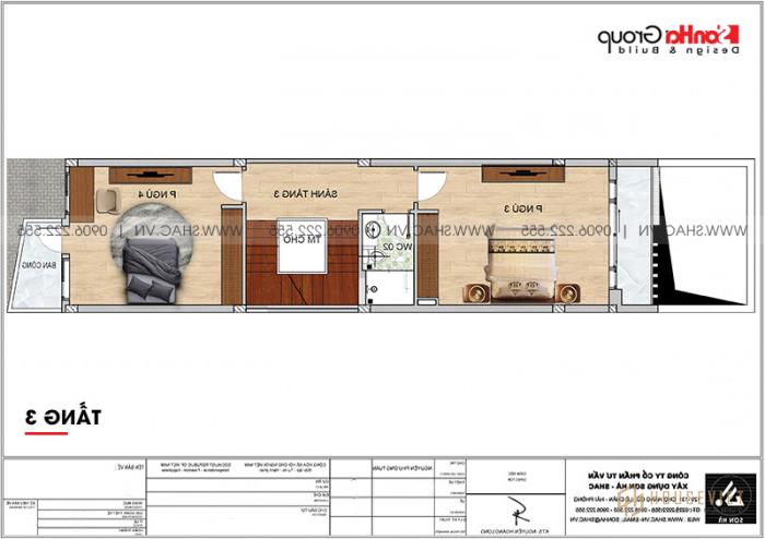 Mẫu nhà ống 4 tầng hiện đại 4,4m x 20,8m có gara ô tô tại Hải Phòng - SH NOD 0212 22 Bản vẽ mặt bằng công năng tầng 3 nhà ống hiện đại mặt tiền 4m4 dài 20,8m tại Hải Phòng