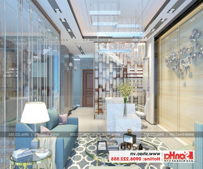 Mẫu thiết kế khách sạn mini 2 sao tân cổ điển đẹp tại Nam Định - SH KS 0061 72 Quầy lễ tân khách sạn tiêu chuẩn 2 sao bài trí đẹp mắt với gam màu thời thượng