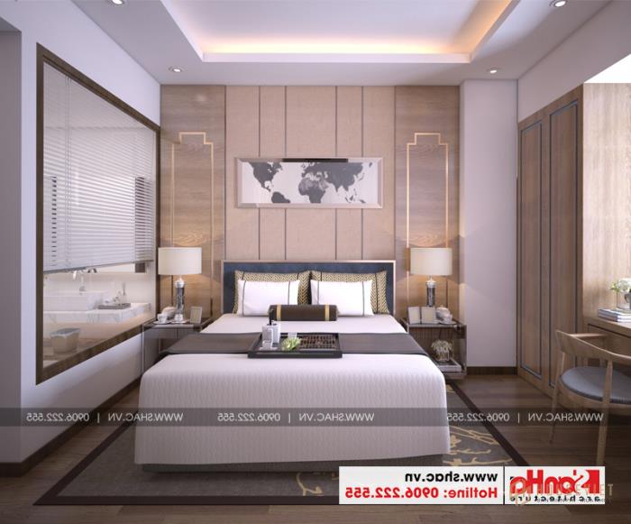 Mẫu thiết kế khách sạn mini 2 sao tân cổ điển đẹp tại Nam Định - SH KS 0061 75 Mẫu phòng ngủ khách sạn đẹp với giường đơn và cách bài trí gọn gàng