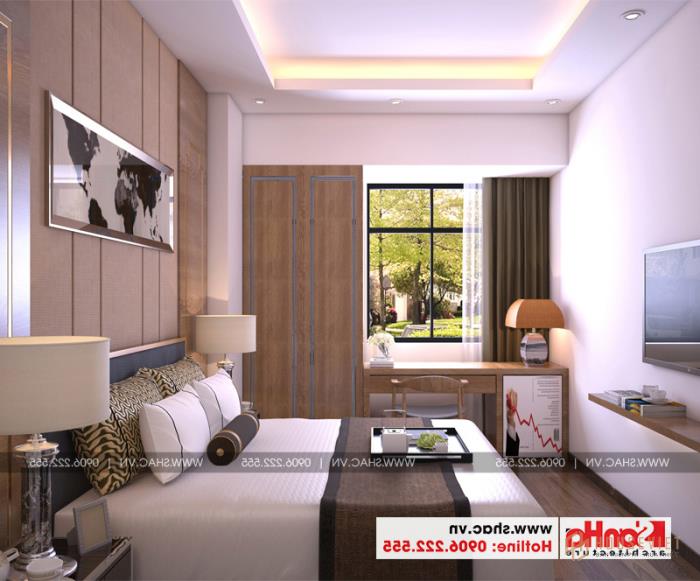 Mẫu thiết kế khách sạn mini 2 sao tân cổ điển đẹp tại Nam Định - SH KS 0061 76 Không gian nội thất phòng ngủ của khách sạn 2 sao nổi bật với nội thất gỗ