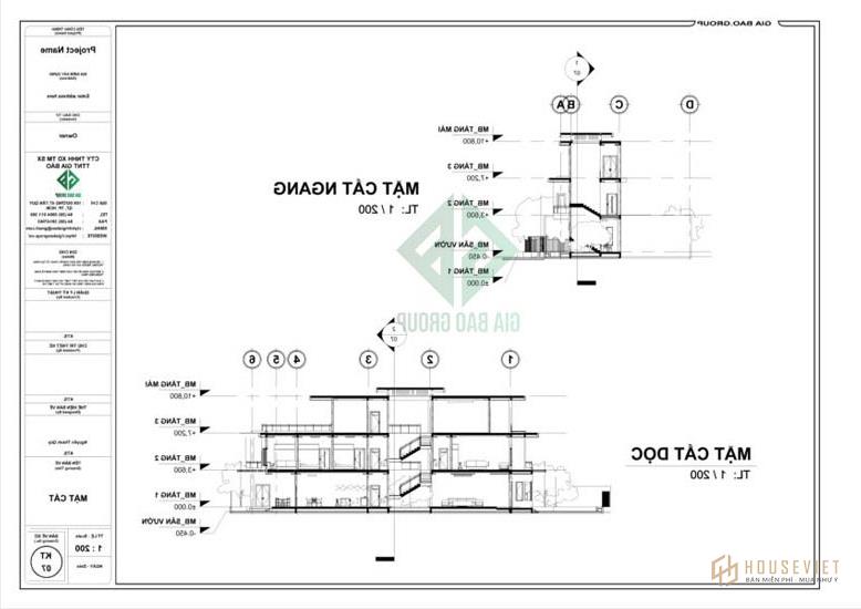 Bản vẽ mặt cắt mẫu thiết kế nhà phố 3 tầng đẹp