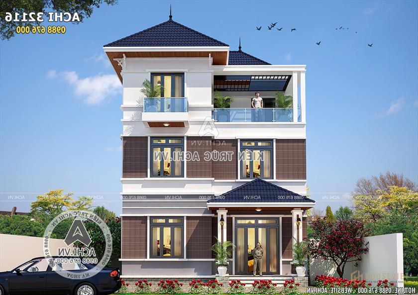 Mặt tiền biệt thự mái thái hiện đại 3 tầng
