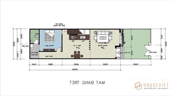 Mặt bằng tầng trệt mẫu nhà cấp 4 4x15 có gác lửng được bố trí thống nhất