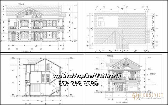 Bản vẽ thi công biệt thự mái thái 2 tầng
