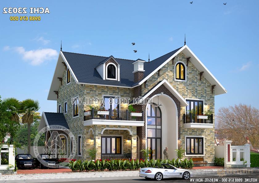 Mặt tiền mẫu biệt thự vườn 2 tầng mái thái đẹp phong cách Châu Âu