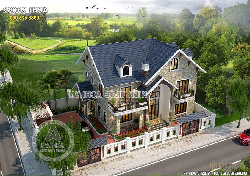 Không gian ngoại thất của mẫu biệt thự vườn 2 tầng mái thái đẹp khi nhìn từ trên cao