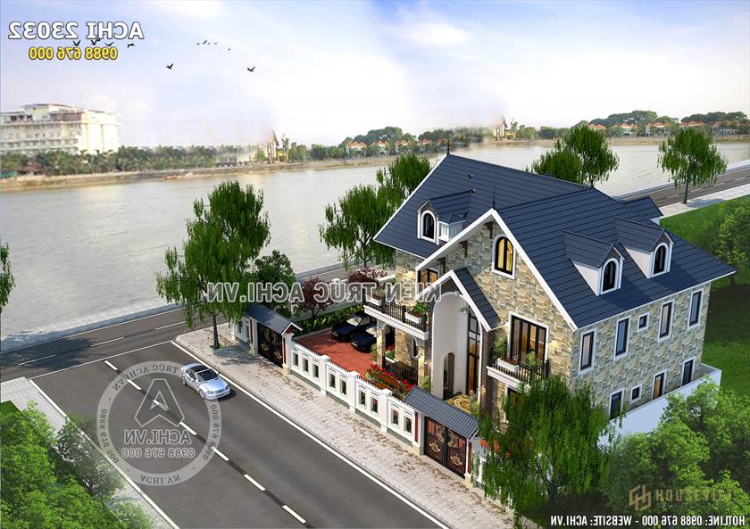 Phối cảnh 3D mẫu biệt thự vườn mái thái 2 tầng đẹp khi nhìn từ trên cao