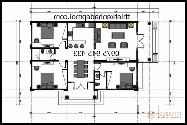 Mặt bằng nhà cấp 4 3 phòng ngủ ở nông thôn