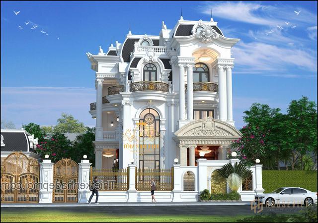 Hình mặt tiền biệt thự 3 tầng cổ điển ngang 14m