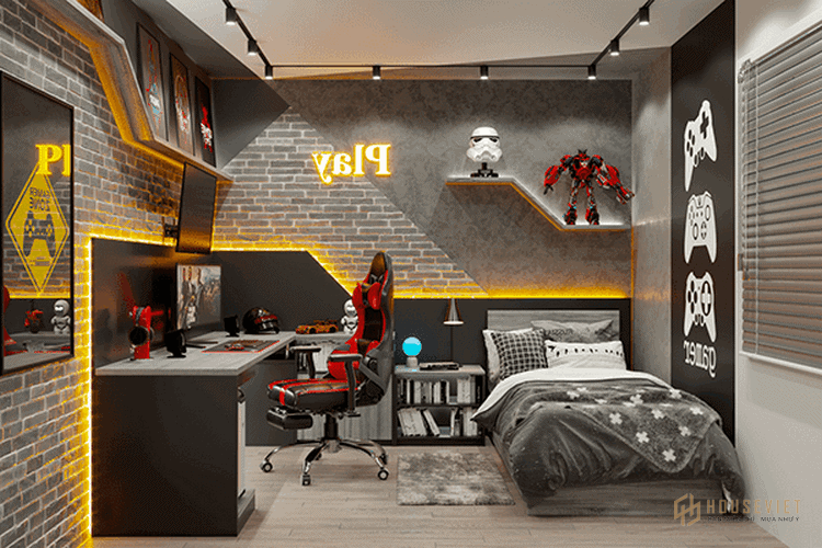 Hệ thống đèn led âm tường màu vàng ấm áp không quá chói mắt.  Khu chơi game và giường nằm tương đối gần nhau khi cần có thể ngủ ngay sau nhiều giờ chơi game