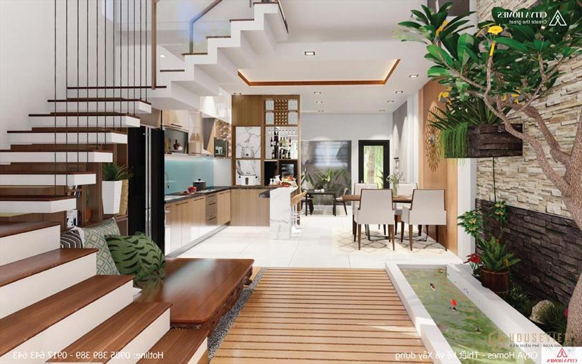 Bể cá được bố trí giữa nhà tạo không khí mát mẻ.