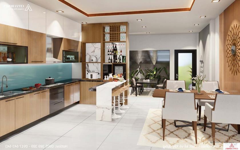 Phòng bếp được thiết kế với quầy bar ở giữa
