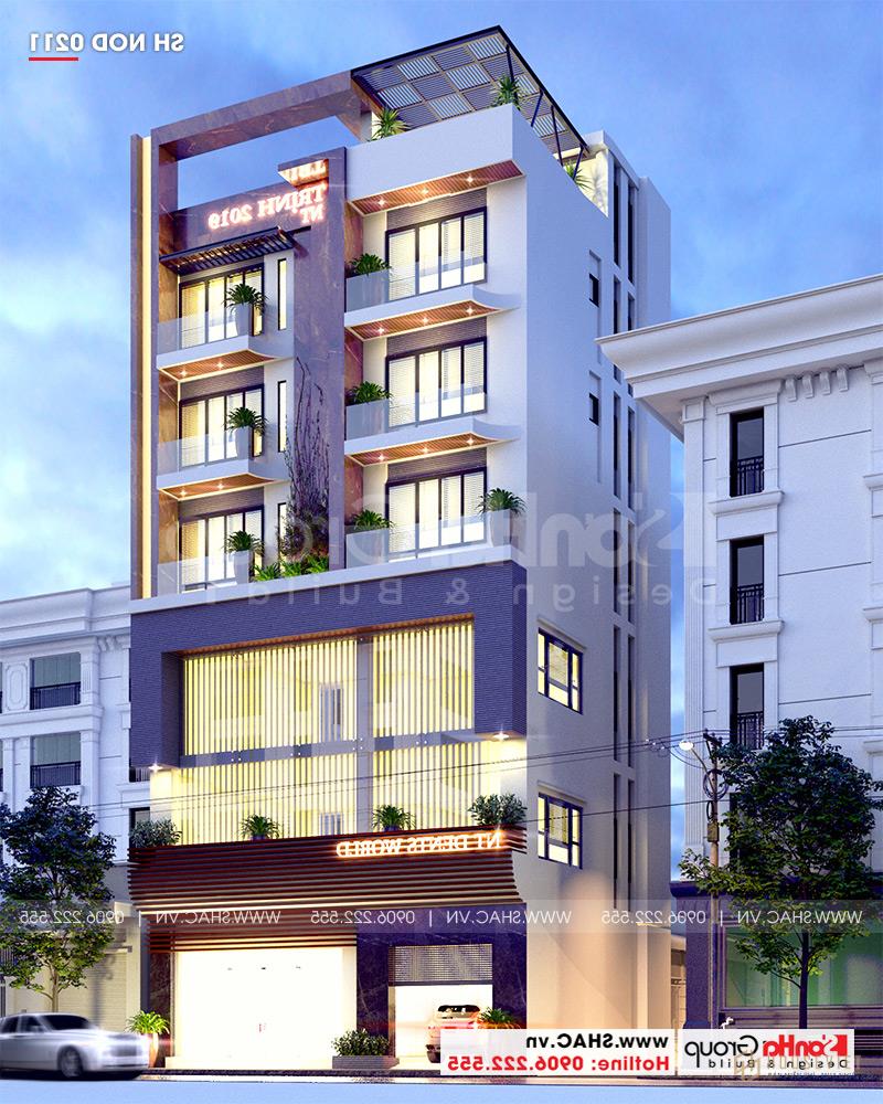 Toàn cảnh mẫu nhà đẹp 6 tầng kinh doanh hiện đại bề thế, bề thế, mặt tiền rộng rãi. 