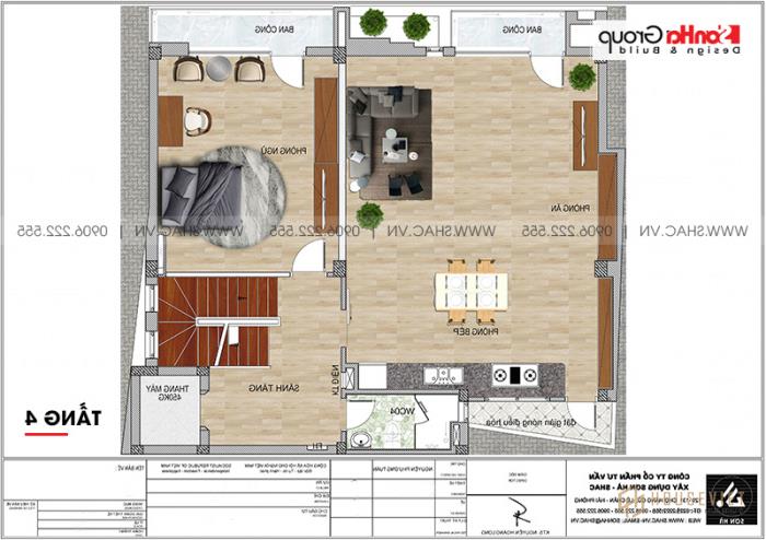 Mặt bằng công năng tầng 4 nhà ống hiện đại 6 tầng diện tích 125,17m2 tại Hà Nội 