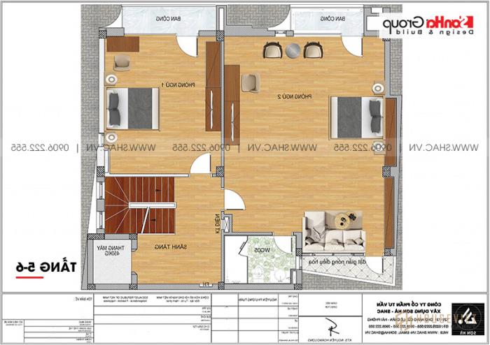 Tầng 5, tầng 6 nhà ống hiện đại 6 tầng diện tích sàn 125,17m2 tại Hà Nội 