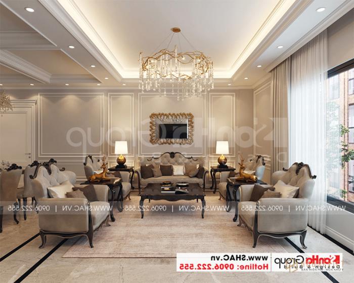 Không gian phòng khách nhà phố được thiết kế theo hơi hướng tân cổ điển nhẹ nhàng, sang trọng. 