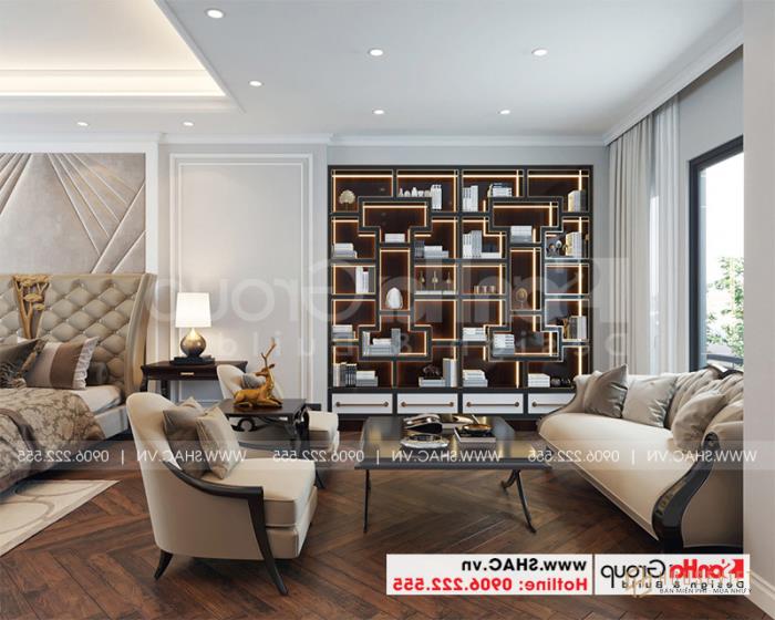 Không gian phòng ngủ rộng rãi được bài trí nội thất đẹp, hài hòa từ kiểu dáng đến màu sắc 