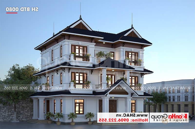 Mặt tiền biệt thự mái thái 3 tầng kiến ​​trúc tân cổ điển