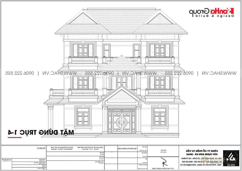 Bản vẽ thiết kế mặt bằng trục 1-4 của biệt thự song lập 3 tầng hiện đại 