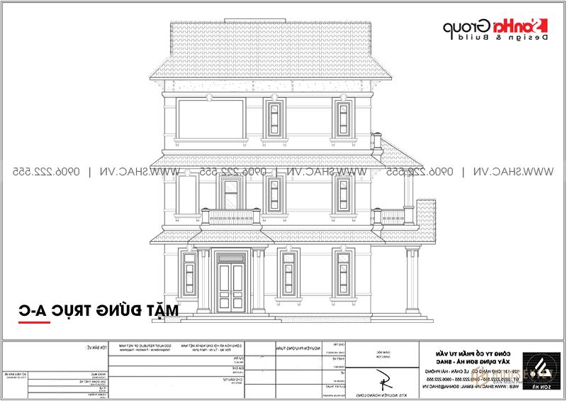 Bản vẽ mặt tiền trục Ac của biệt thự hiện đại 3 tầng tại Hải Phòng 