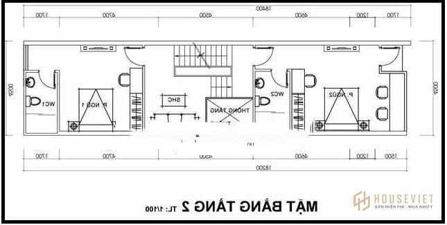 Phối cảnh mặt bằng tầng 2 nhà ống.