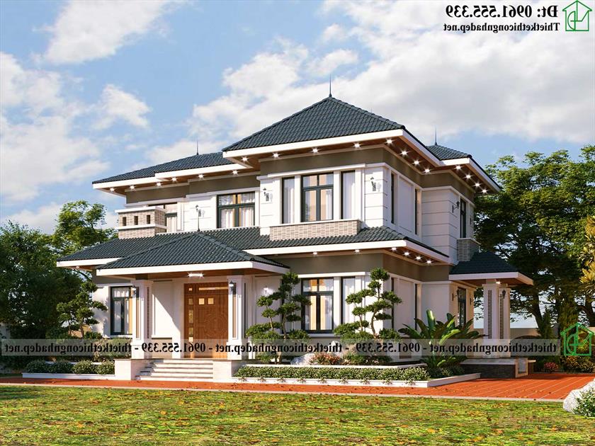 Mẫu thiết kế biệt thự 2 tầng 4 phòng ngủ mái thái NDBT2T128