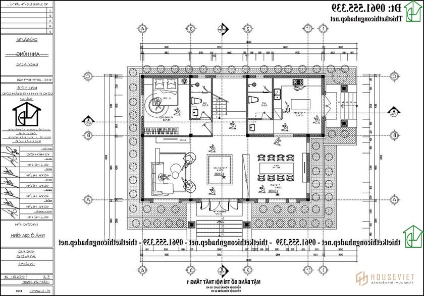 Mặt bằng tầng 1 biệt thự 2 tầng 4 phòng ngủ 14x10m tại Phú Thọ NDBT2T128