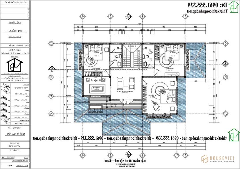Mặt bằng tầng 2 biệt thự 2 tầng 4 phòng ngủ 14x10m tại Phú Thọ NDBT2T128
