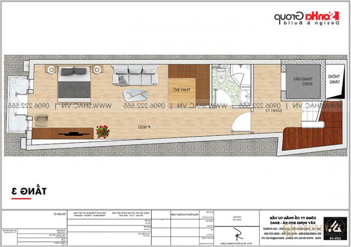 Bản vẽ mặt bằng công năng chi tiết tầng 3 mẫu nhà tân cổ điển mặt tiền 3,99m dài 14m tại Hải Phòng 