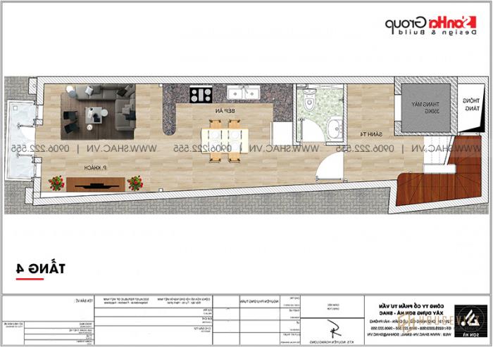 Bản vẽ mặt bằng công năng chi tiết tầng 4 mẫu nhà tân cổ điển mặt tiền 3,99m dài 14m tại Hải Phòng 