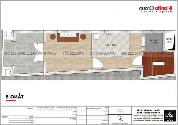 Bản vẽ mặt bằng công năng chi tiết tầng 5 mẫu nhà tân cổ điển mặt tiền 3,99m dài 14m tại Hải Phòng 