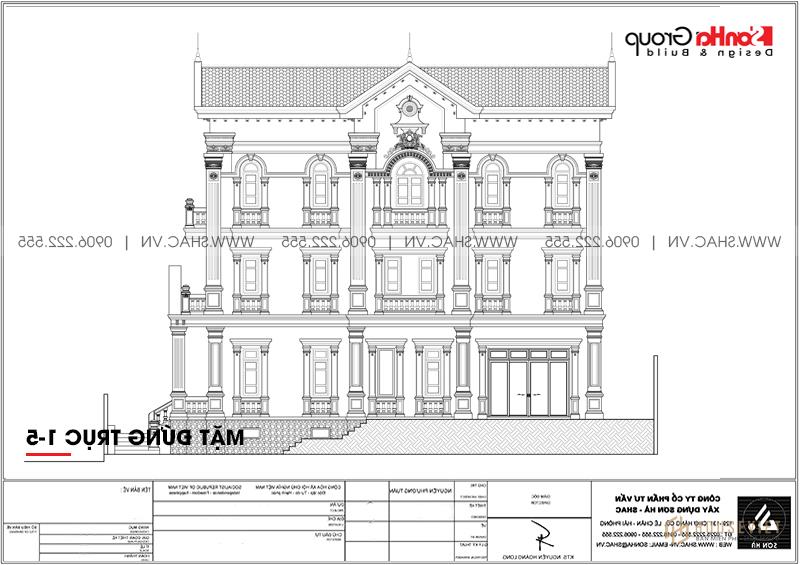 Bản vẽ mặt tiền trục 1-5 mẫu biệt thự tân cổ điển 3 tầng đẹp 