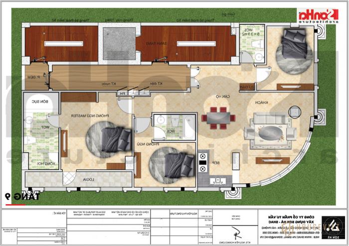 Mặt bằng công năng tầng 9 khách sạn 3 sao tân cổ điển kết hợp căn hộ cho thuê 