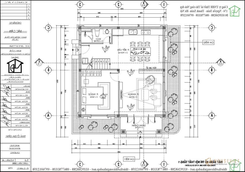 Mặt bằng nội thất tầng 1 mẫu thiết kế nhà 2 tầng mái thái 9x11m NDBT2T104 kiểu Nhật