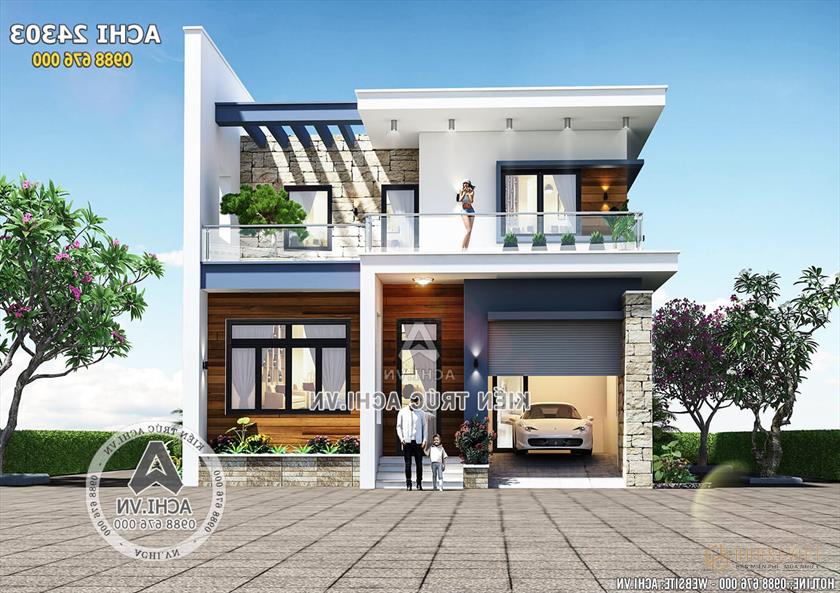 Phối cảnh 3D mặt tiền mẫu nhà 2 tầng hiện đại đơn giản đẹp tiết kiệm chi phí