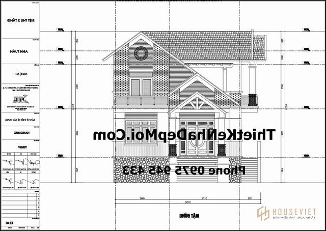 Bản vẽ thi công nhà 2 tầng 90m2 mái thái