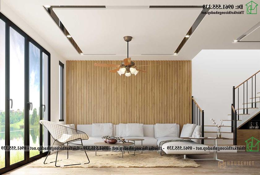Mẫu thiết kế vách gỗ phòng khách nhà 2 tầng mái thái NDNP2T24