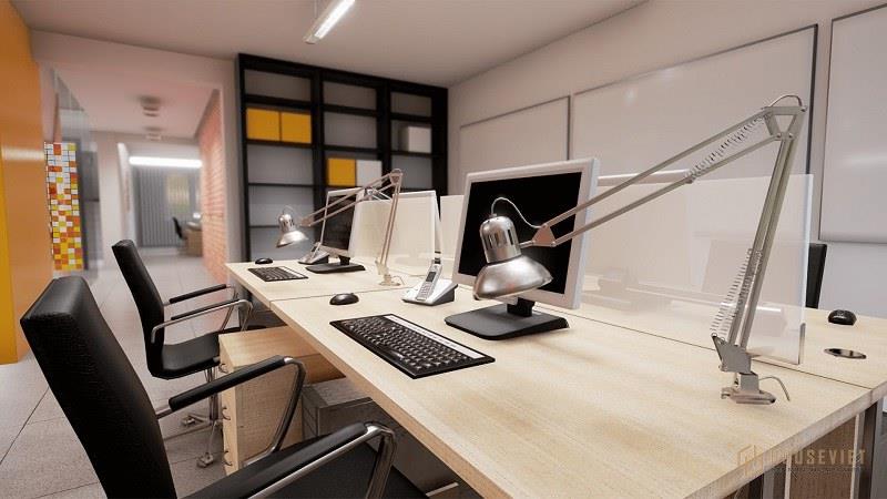 Đây là mẫu văn phòng có thiết kế đơn giản với gỗ màu be và ghế khung inox bọc nỉ màu đen