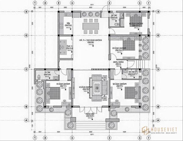 Bản vẽ mặt bằng biệt thự 1 tầng mái thái 4 phòng ngủ
