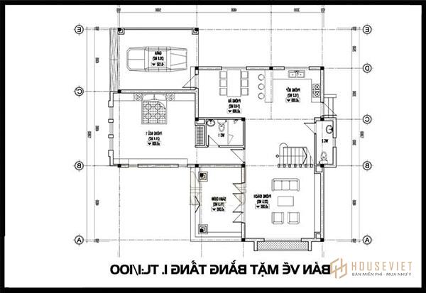 Mẫu 12 - Bản vẽ mặt bằng tầng 1 biệt thự 2 tầng mái thái