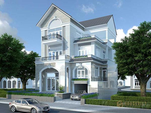 Mẫu 15 - Kiến trúc biệt thự mái thái 3 tầng có gara ô tô, ban công rộng hướng mặt tiền.