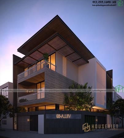 Phối cảnh ban đêm biệt thự mái bằng hiện đại NDBT3T25